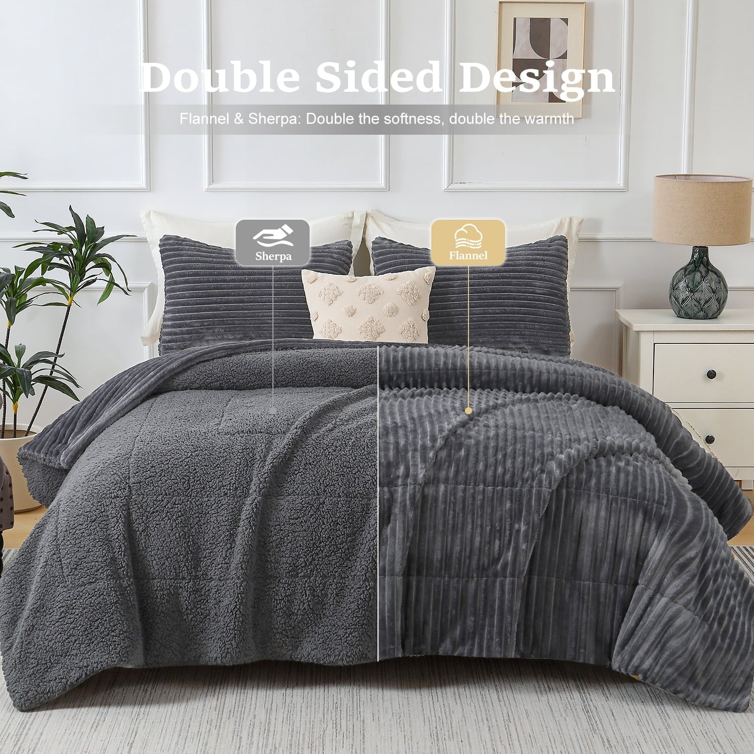 Heavyweight Warmth 3 Piece Fleece Queen Comforter Set - Soft & Warm Fluffy Dark Gray Sherpa Bedding , Fuzzy Heavy Double Sided Design Wi... - Hypoallergenic Ultra-Fluffy Quilt for Winter Detail