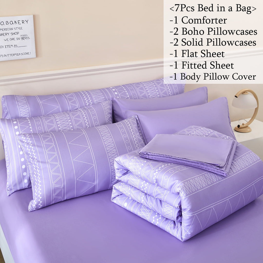 Hypoallergenic Cloud 8-Pieces Boho Bedding Set Full Lavender Striped Bed in a Bag for Girls Women Soft Fluffy Purple Comforter Set with Sh... - Luxurious Quilted Duvet Cover Set Detail