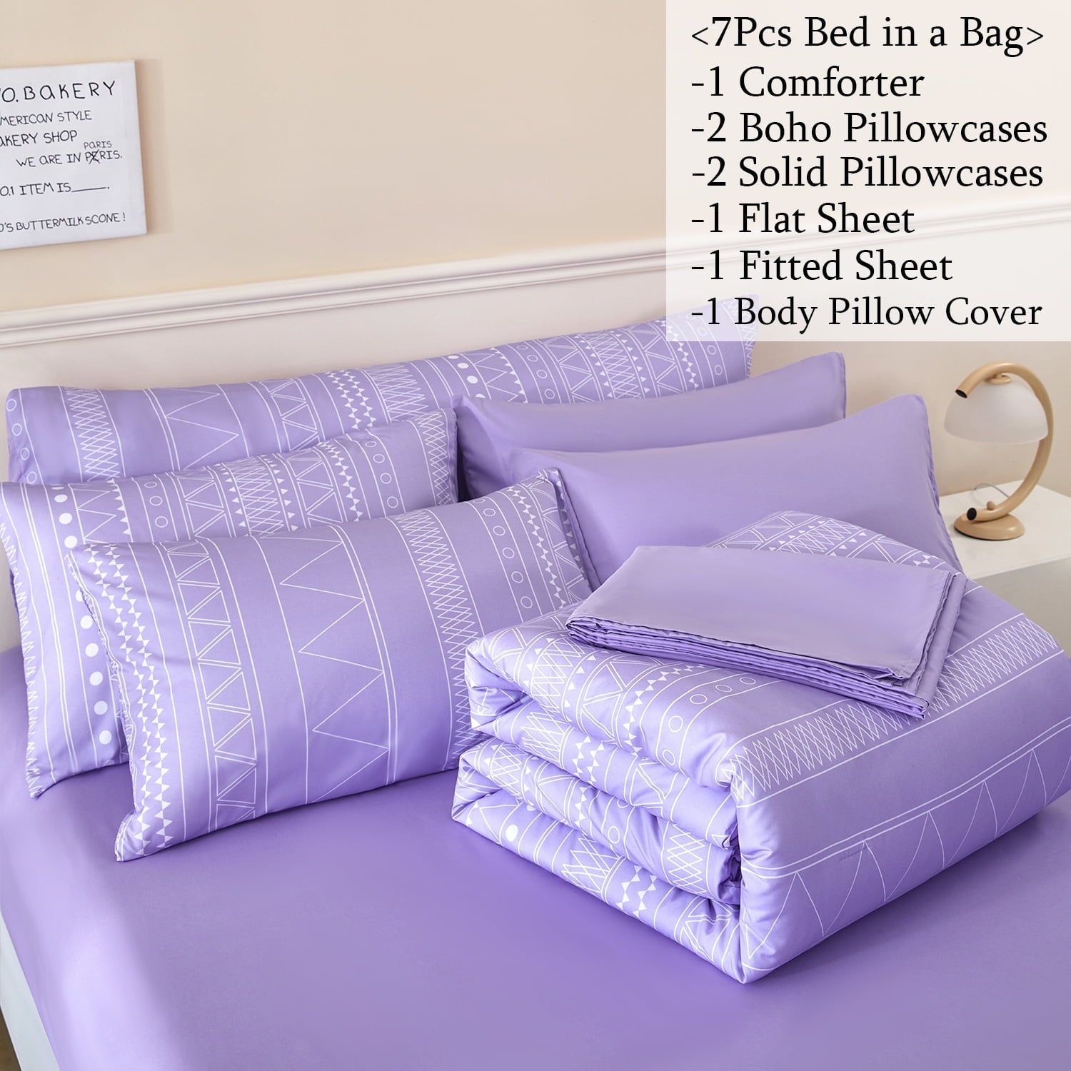 Hypoallergenic Cloud 8-Pieces Boho Bedding Set Full Lavender Striped Bed in a Bag for Girls Women Soft Fluffy Purple Comforter Set with Sh... - Luxurious Quilted Duvet Cover Set Detail