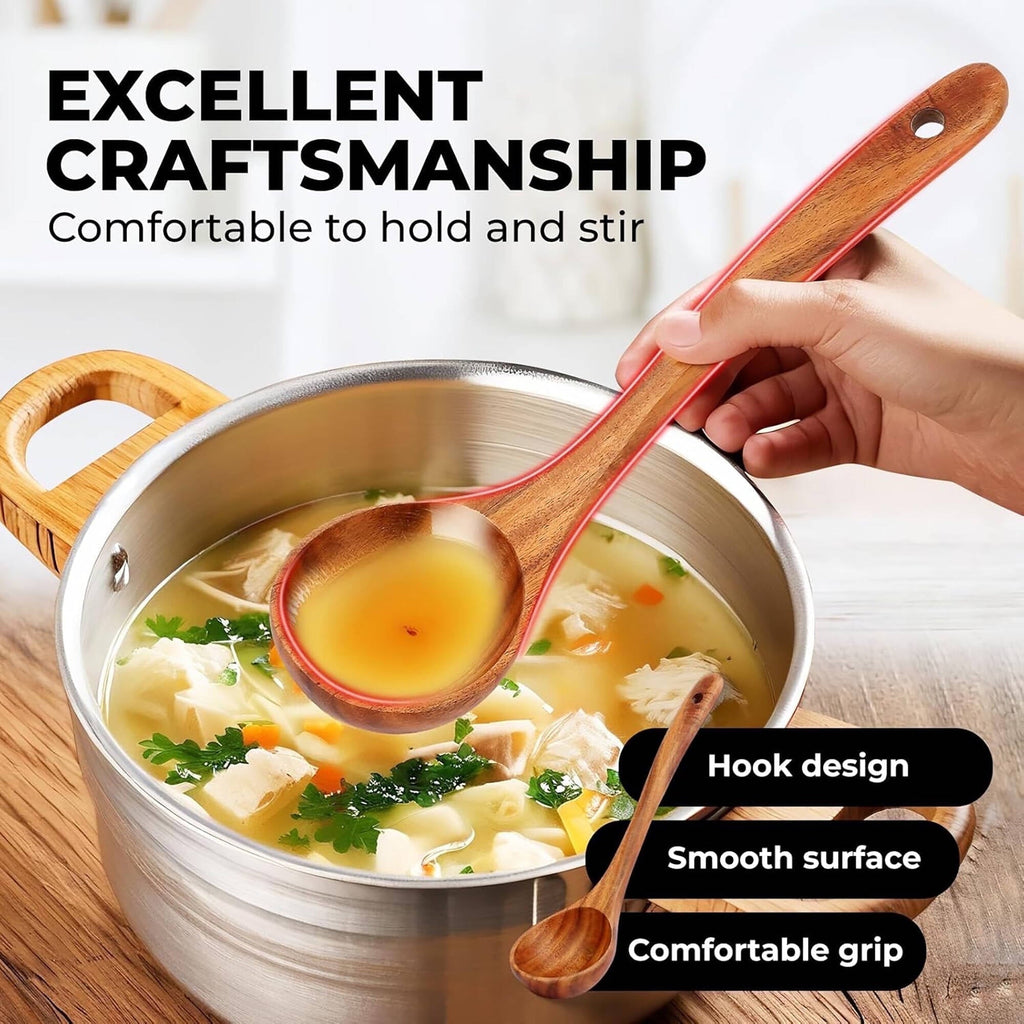 Seamless One-Piece 6-Piece Natural Teak Wooden Spoons for Cooking With 10 Hooks，Handcrafted Kitchen Utensils Set ，Ideal Gift Set - Premium Stainless Steel Cooking Utensil for Non-Stick Pots Detail