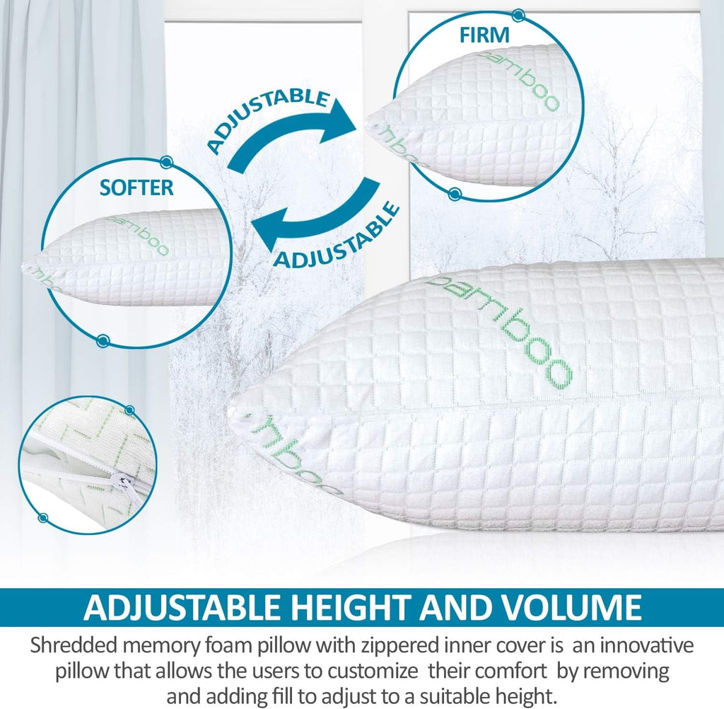 Decorative Plump Queen Size Bamboo Pillow, Memory Foam Bed Pillows with Washable Pillowcases, Queen - Orthopedic Shredded Foam Bed Pillow Set Detail