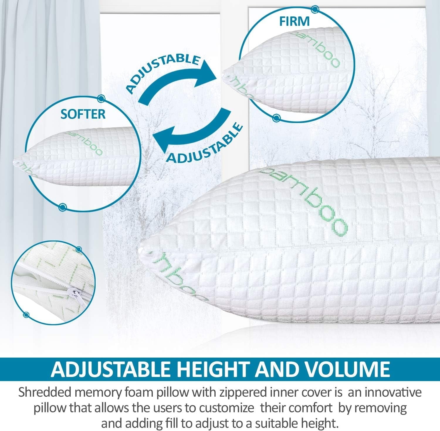 Decorative Plump Queen Size Bamboo Pillow, Memory Foam Bed Pillows with Washable Pillowcases, Queen - Orthopedic Shredded Foam Bed Pillow Set Detail
