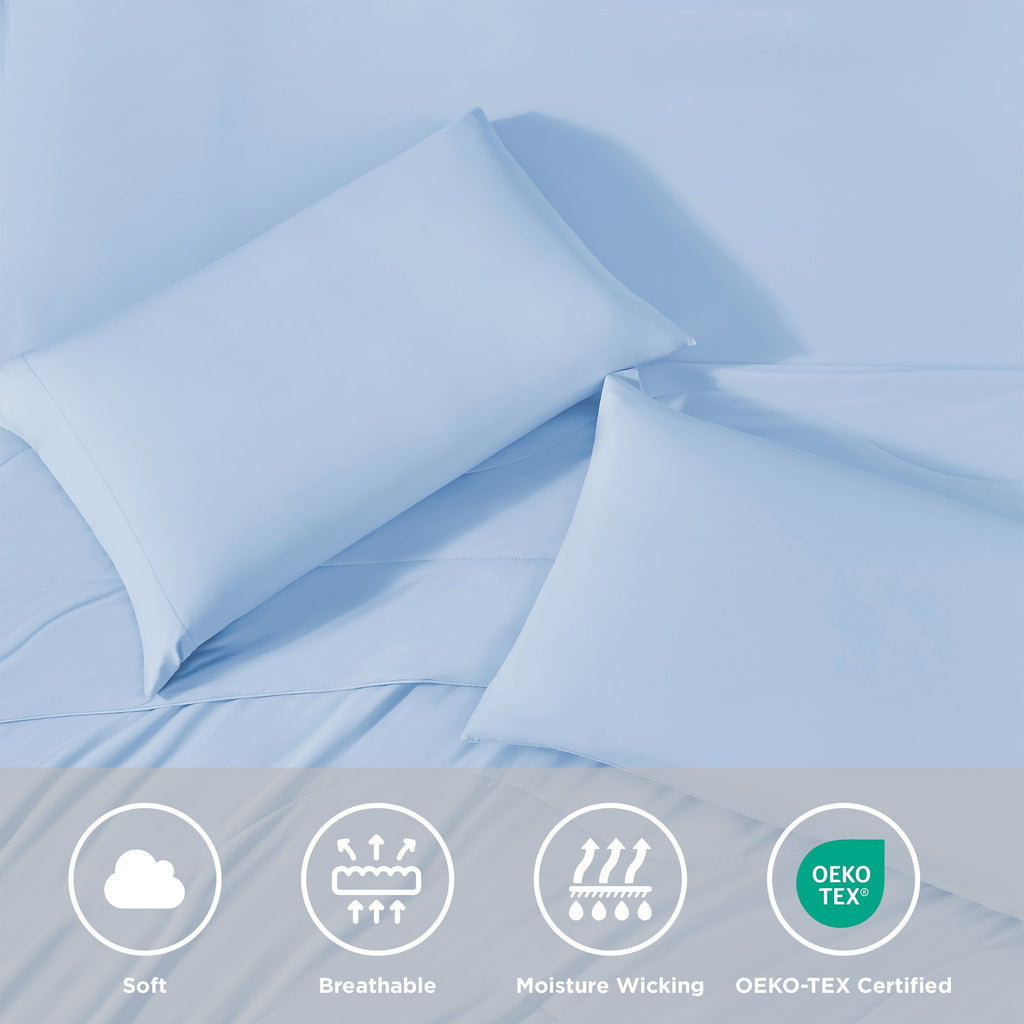 Cooling Sateen Full/QueenSize Sheet Set, 3 Piece Cooling Bed Sheet with Deep Pocket for Hot Sleepers, Ice Blue - Breathable Egyptian Cotton Flat & Fitted Sheets Detail