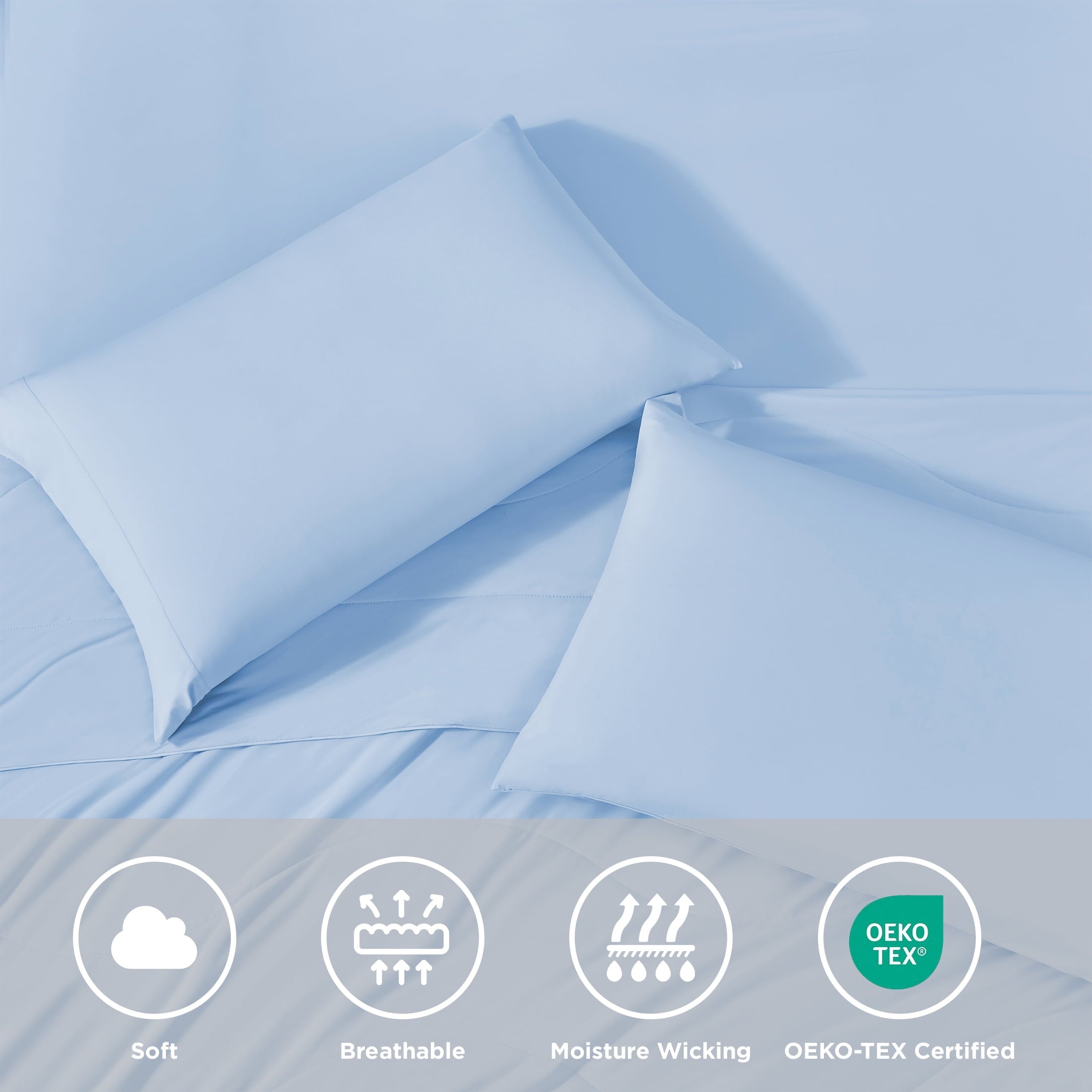 Cooling Sateen Full/QueenSize Sheet Set, 3 Piece Cooling Bed Sheet with Deep Pocket for Hot Sleepers, Ice Blue - Breathable Egyptian Cotton Flat & Fitted Sheets Detail