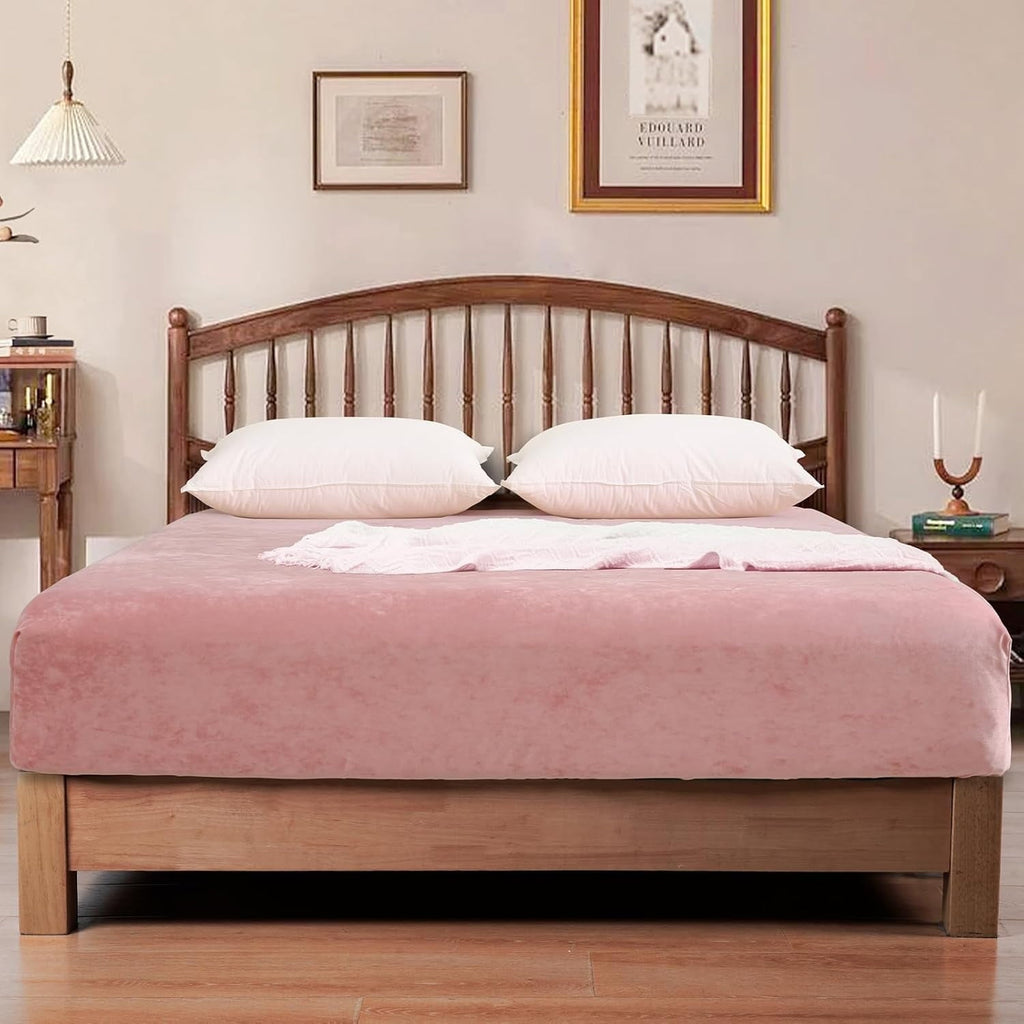 Premium Egyptian Cotton Truly Velvet Fitted Sheet Twin Size, Luxury Super Soft Flannel Bottom Sheet with 15" Deep Pocket for Winter, Pink - Luxury Bed Sheet Set with Deep Pockets Detail