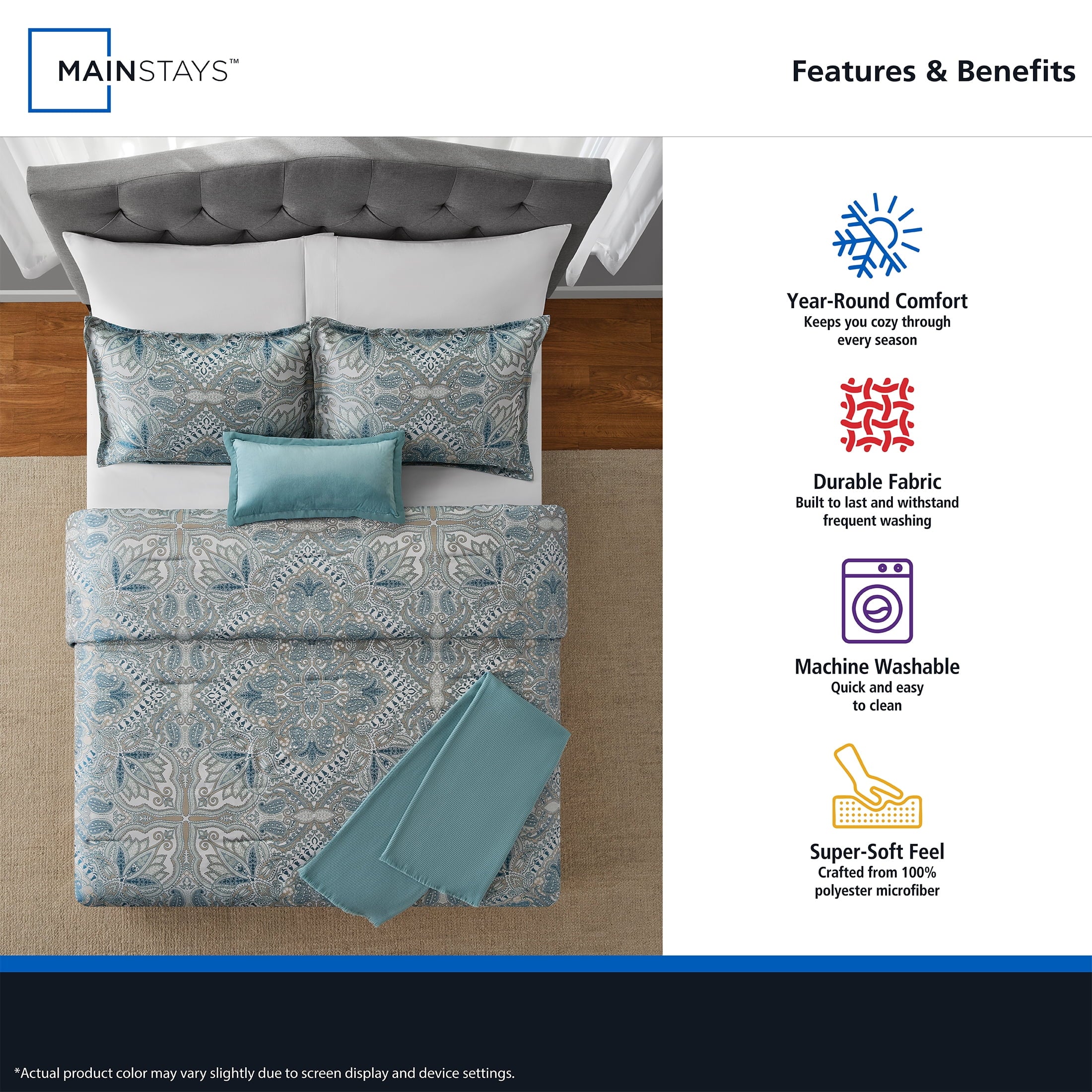 Luxurious Quilted Full/Queen Comforter Set, All-Season, 5-Piece, Teal Jacquard Medallion - Cloud-Like Soft Lightweight Bed Comforter Detail