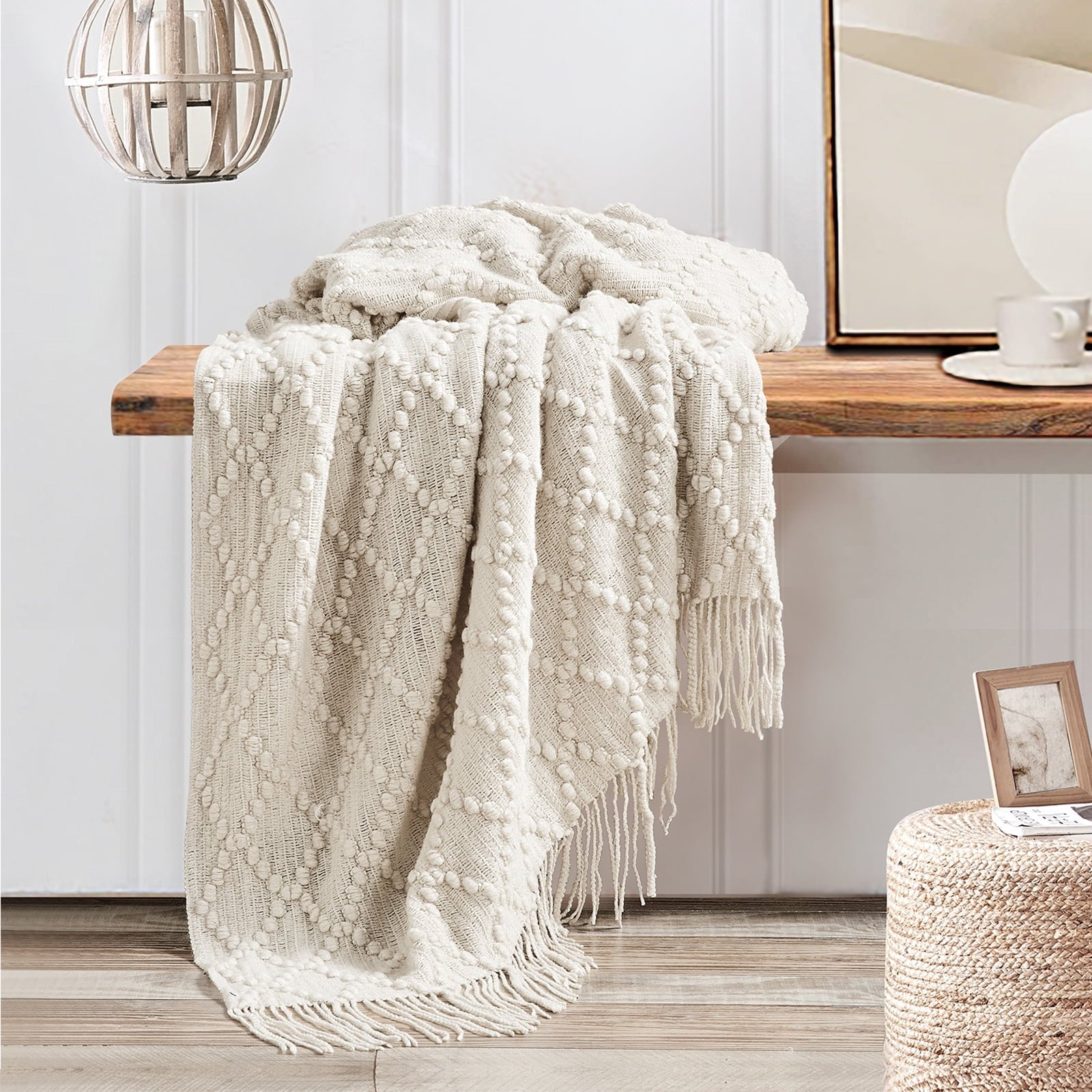Decorative Knitted Texture Pure Color Soft Throw Blanket and Sofa Or Bed Knitted Decorative Blanket 50 x70 inches Jacquard Diamond Beige... - Super Soft Reversible Sherpa Flannel Blanket Detail
