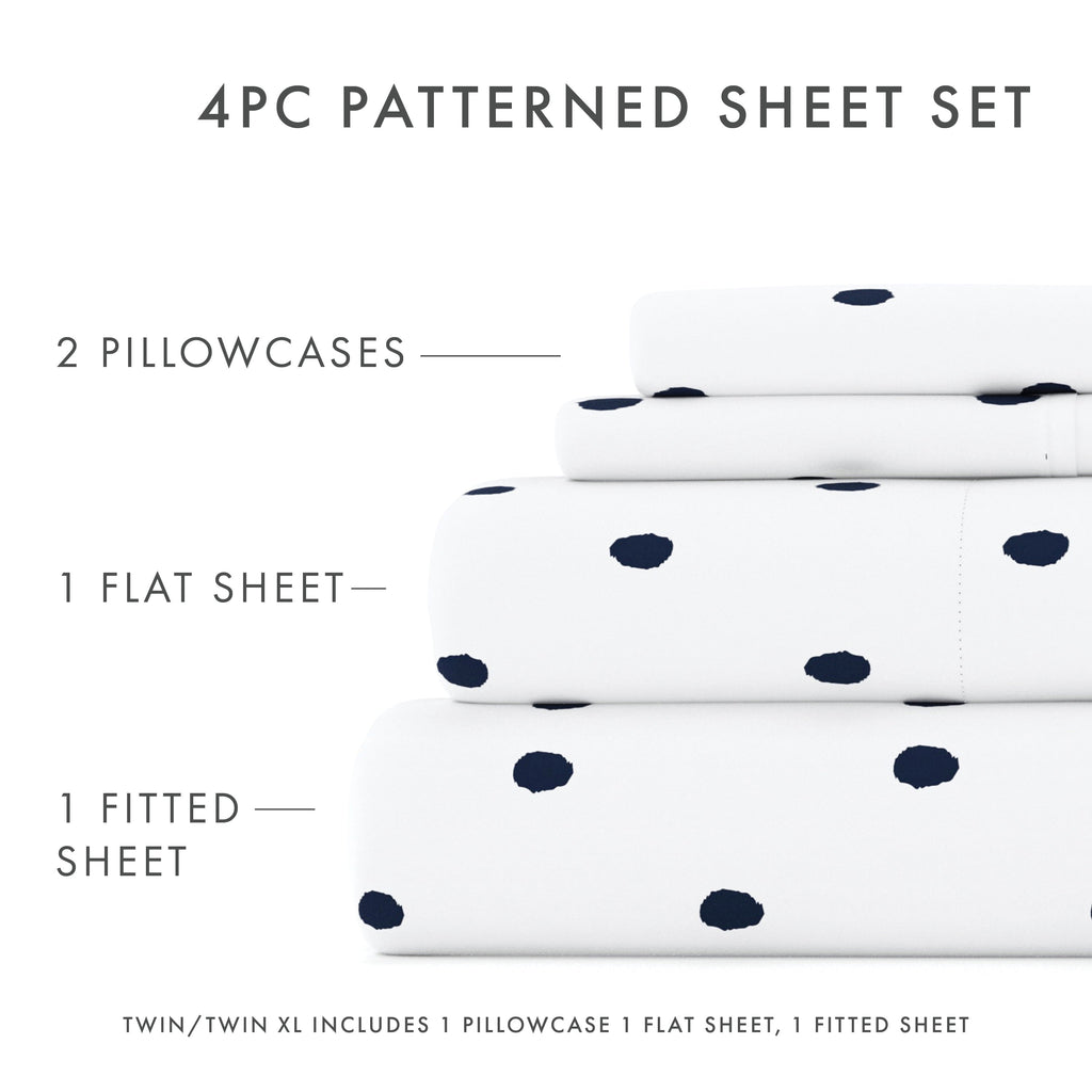 Breathable Luxury 4 Piece Pattern Microfiber Bed Sheets Set, Navy Dots, California King - Cooling Hotel Quality Bedding Sheets and Pillowcases Detail