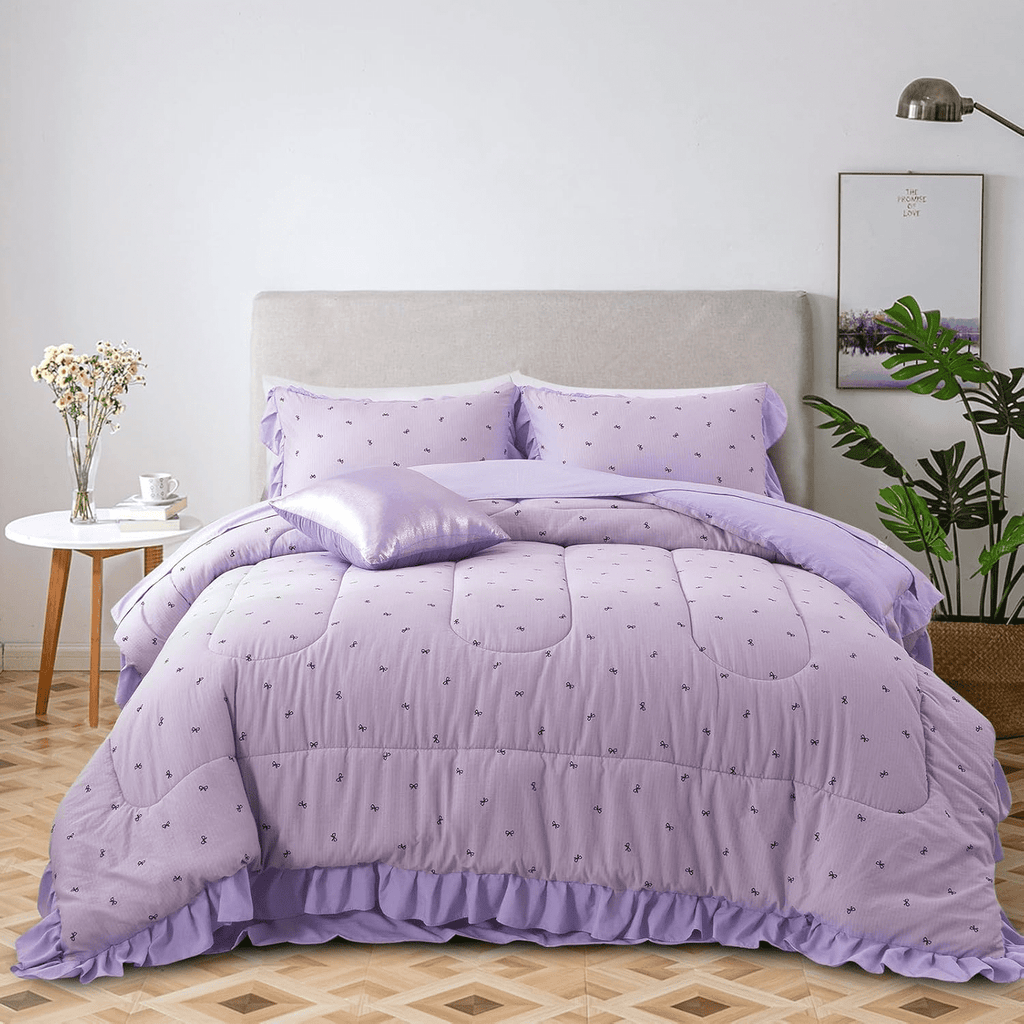 Fluffy Down Alternative 6 Piece Delicate Bows Purple Bedding Set Ruffle Princess Style Comforter Set Bed in a Bag - Luxurious Quilted Duvet Cover Set Detail