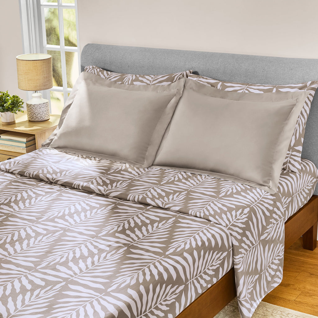Fluffy Down Alternative All in One Reversible Comforter and Sheet Set- 7 Piece, Queen, Beige Palm - All-Season Down Alternative Comforter Insert Detail