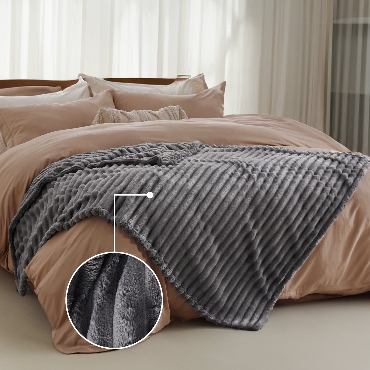 Reversible Sherpa Grey Fleece Throw Blanket for Couch - Super Soft Cozy Blankets for Women, Girls, 50x60 inches - Luxury Knitted Decorative Throw Blanket with Fringes Detail