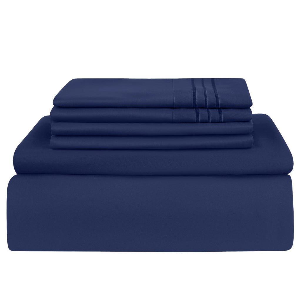 Cooling Sateen Queen Bed Sheets Set, 6 Pc Microfiber Bed Sheets, Extra Deep Pocket Queen Fitted Sheet, Flat Sheet & Pillowcases, Nav... - Cooling Hotel Quality Bedding Sheets and Pillowcases Detail