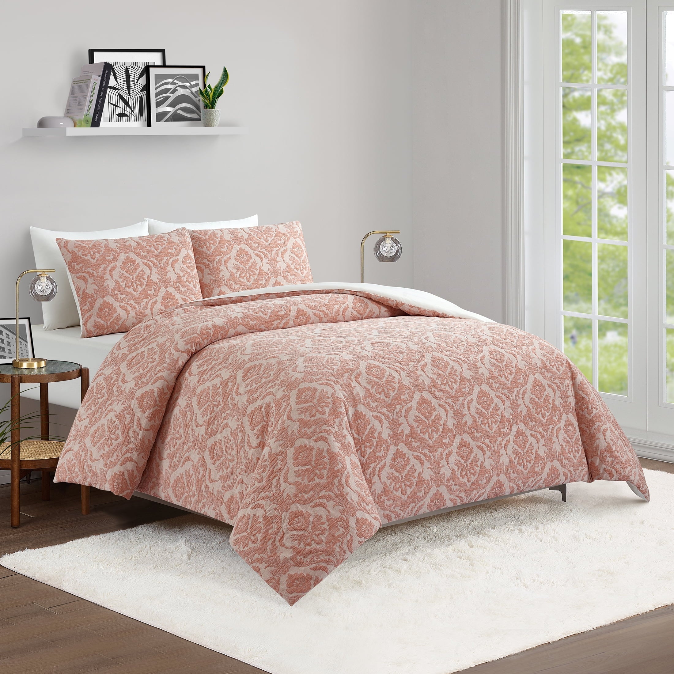 Fluffy Down Alternative Woven Damask 2-Piece Comforter Set, Blush, Full Queen, All Ages - Hypoallergenic Ultra-Fluffy Quilt for Winter Detail
