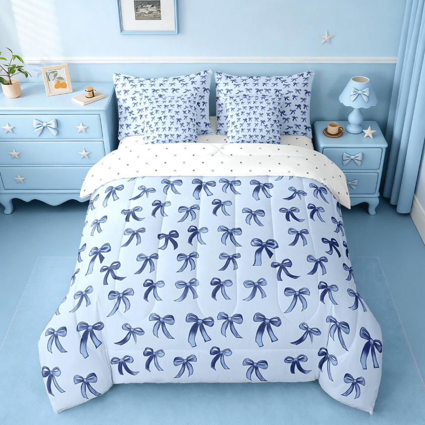 Luxurious Quilted Cute Bowknot Twin Bedding Sets 7-Piece,Girls Ribbon Bow Bedding Comforter Set,Dreamy Blue Sheet Sets For Girls,Super ... - Hypoallergenic Ultra-Fluffy Quilt for Winter Detail