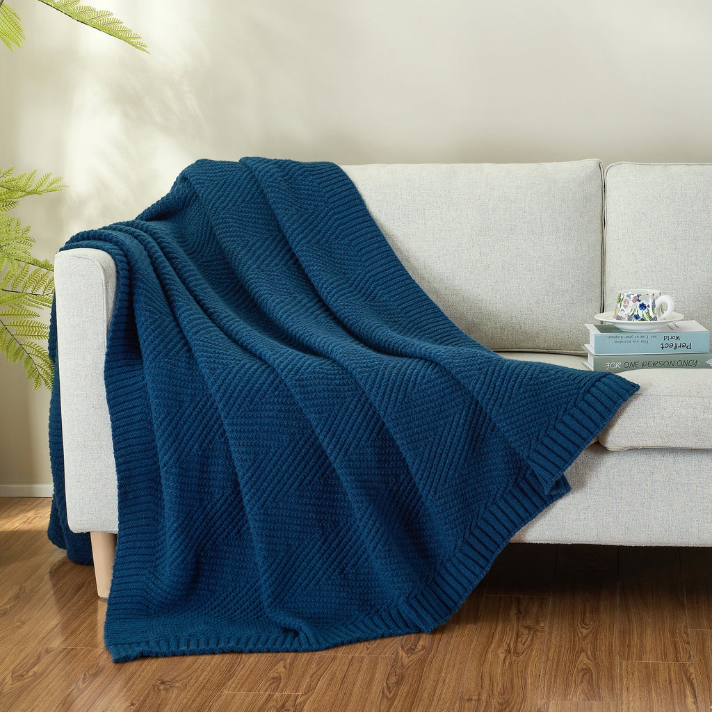 Lightweight Warm Soft Knitted Throw Blanket 50" x 60" Navy Blue, Boho Chevron Farmhouse Throw for Bed Couch - Super Soft Reversible Sherpa Flannel Blanket Detail