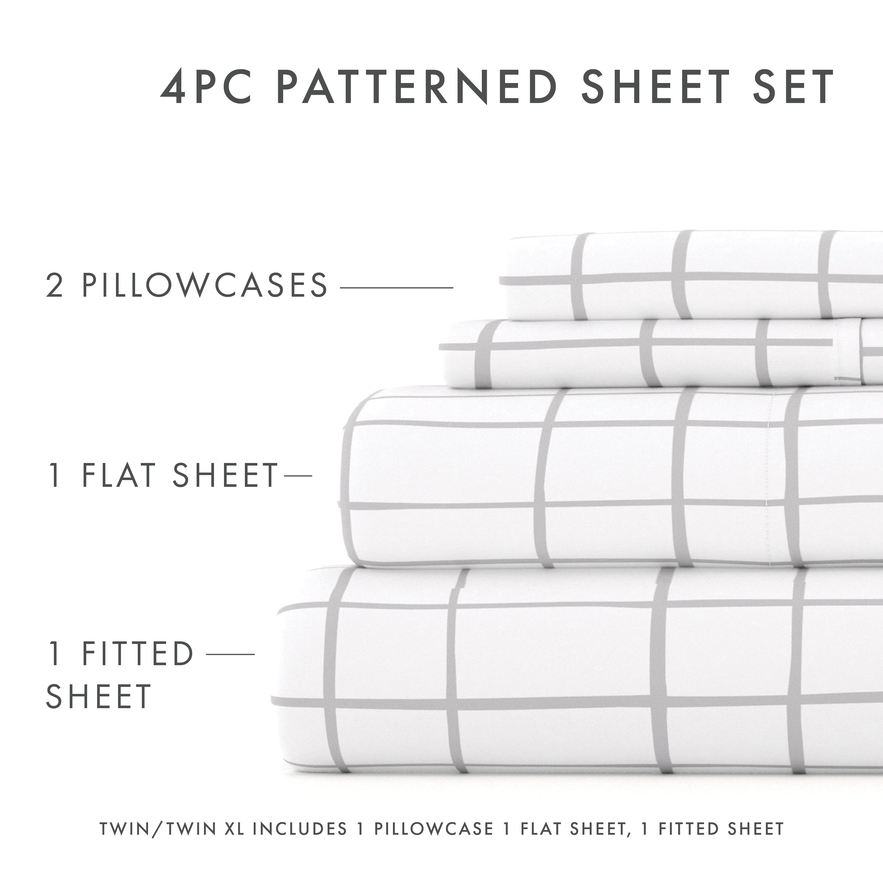 Wrinkle-Resistant 4 Piece Pattern Microfiber Bed Sheets Set, Light Gray Crossroad, Twin - Premium Ultra-Soft Pillowcase Pair for Sleeping Detail