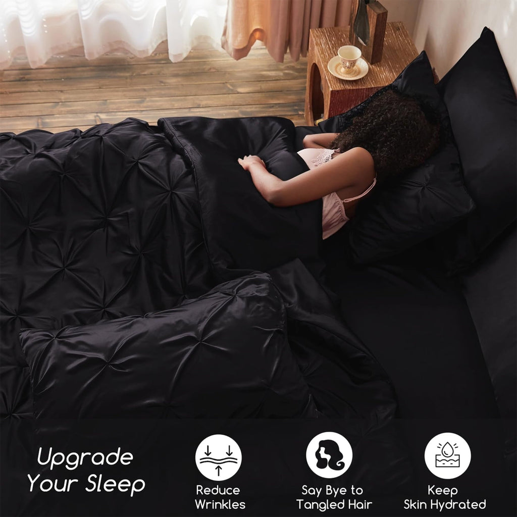 Hypoallergenic Cloud Satin Comforter Set 7 Pieces Queen Size - Luxurious Pinch Pleat Bed in a Bag with Satin Comforter, Satin Sheets, Sati... - Hypoallergenic Ultra-Fluffy Quilt for Winter Detail
