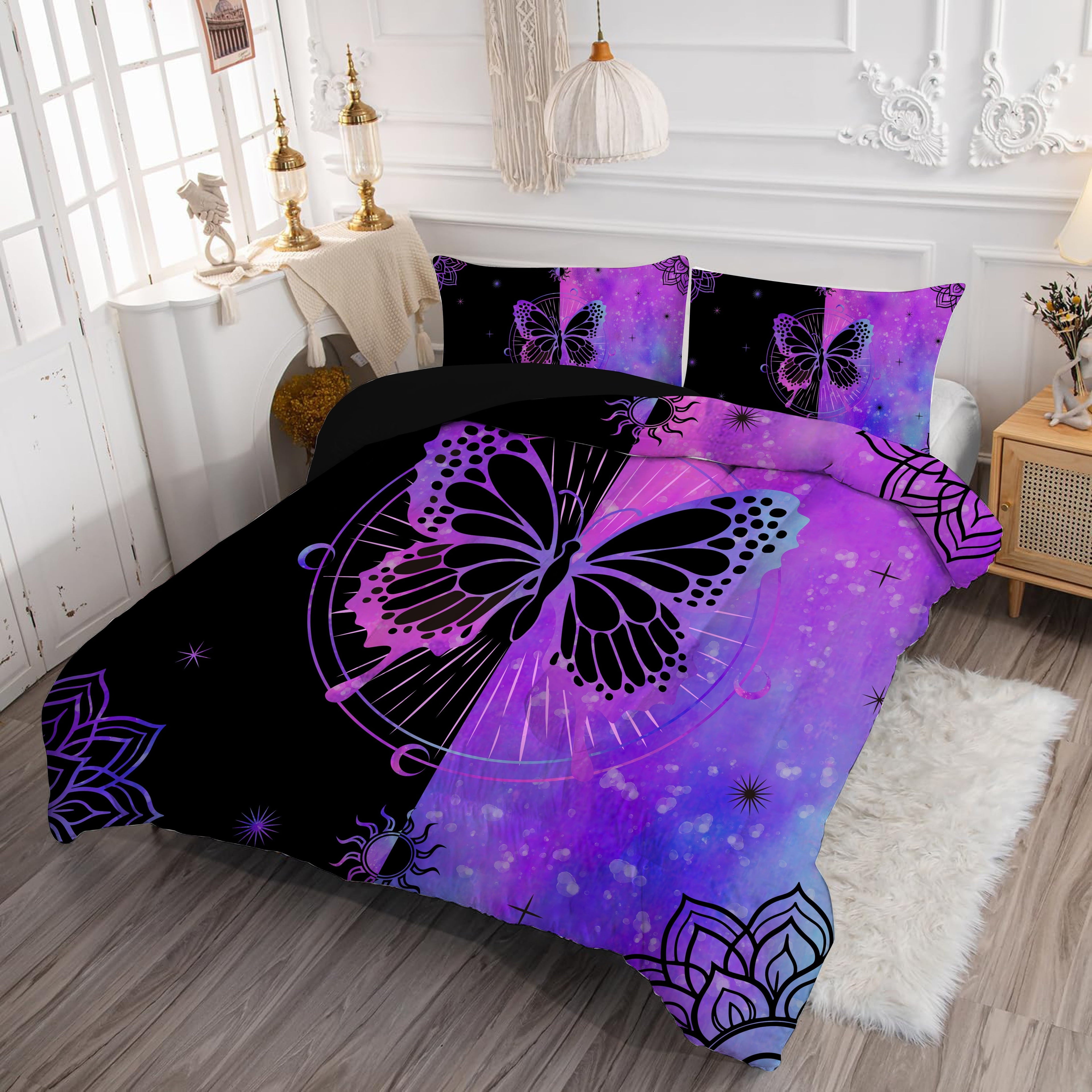 Hypoallergenic Cloud Butterfly Comforter Set Full Size for Girls Kids Teens Black Blue Purple Tie Dye Bedding Set 3 Pieces - Luxurious Quilted Duvet Cover Set Detail