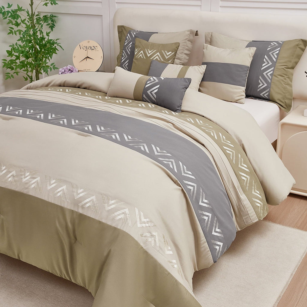 Hypoallergenic Cloud 7 Piece Embroidery Design Bed-in-a-Bag, Taupe Queen Size Ultra Soft Comforter Set for Adults - Hypoallergenic Ultra-Fluffy Quilt for Winter Detail