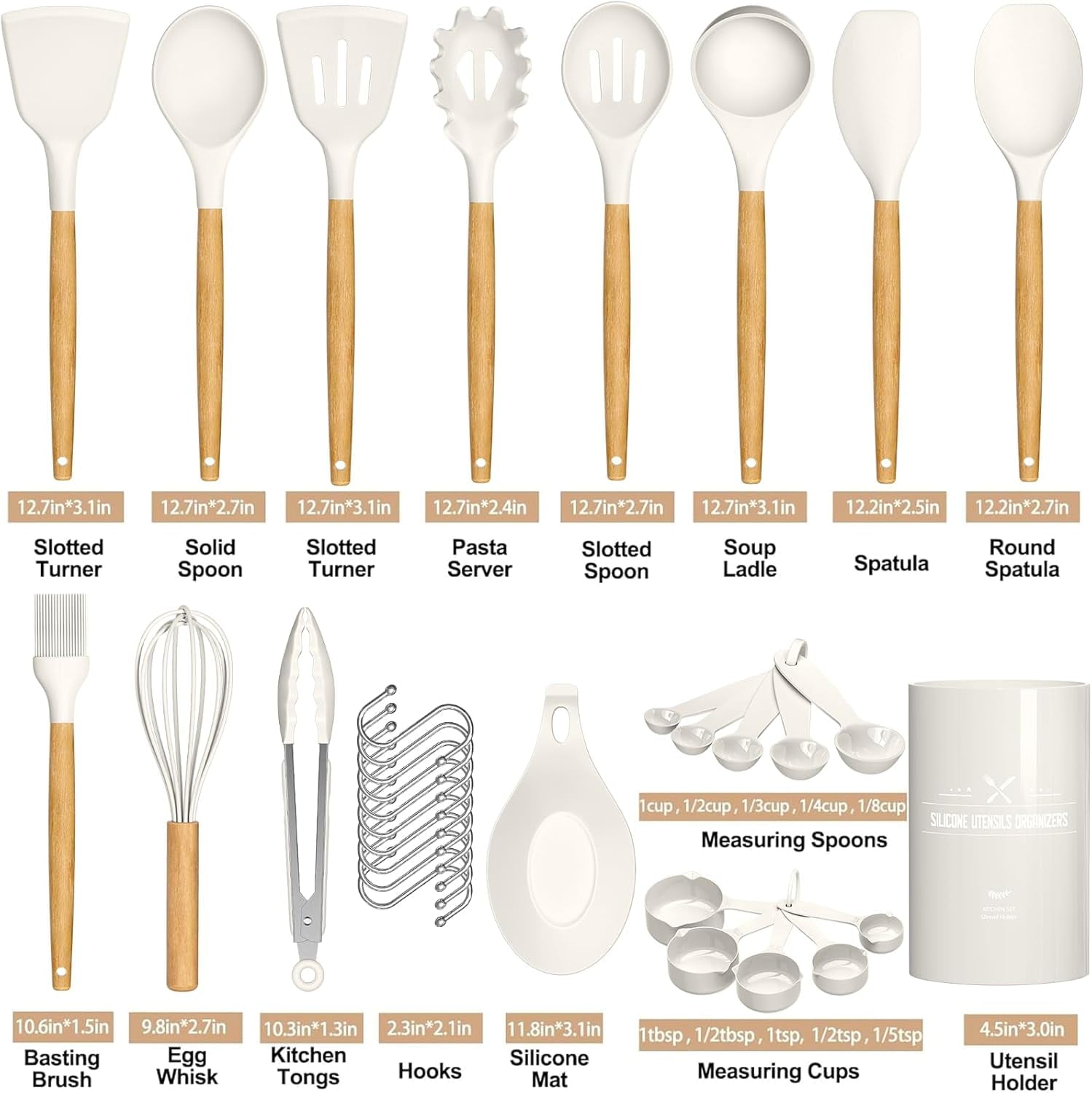 Ergonomic Cooking Kitchen Cooking Utensils Set, 33 pcs Non-stick Silicone Cooking Kitchen Utensils Spatula Set with Holder, Wooden Hand... - Ergonomic Kitchen Tongs and Cooking Spoon Utensil Detail