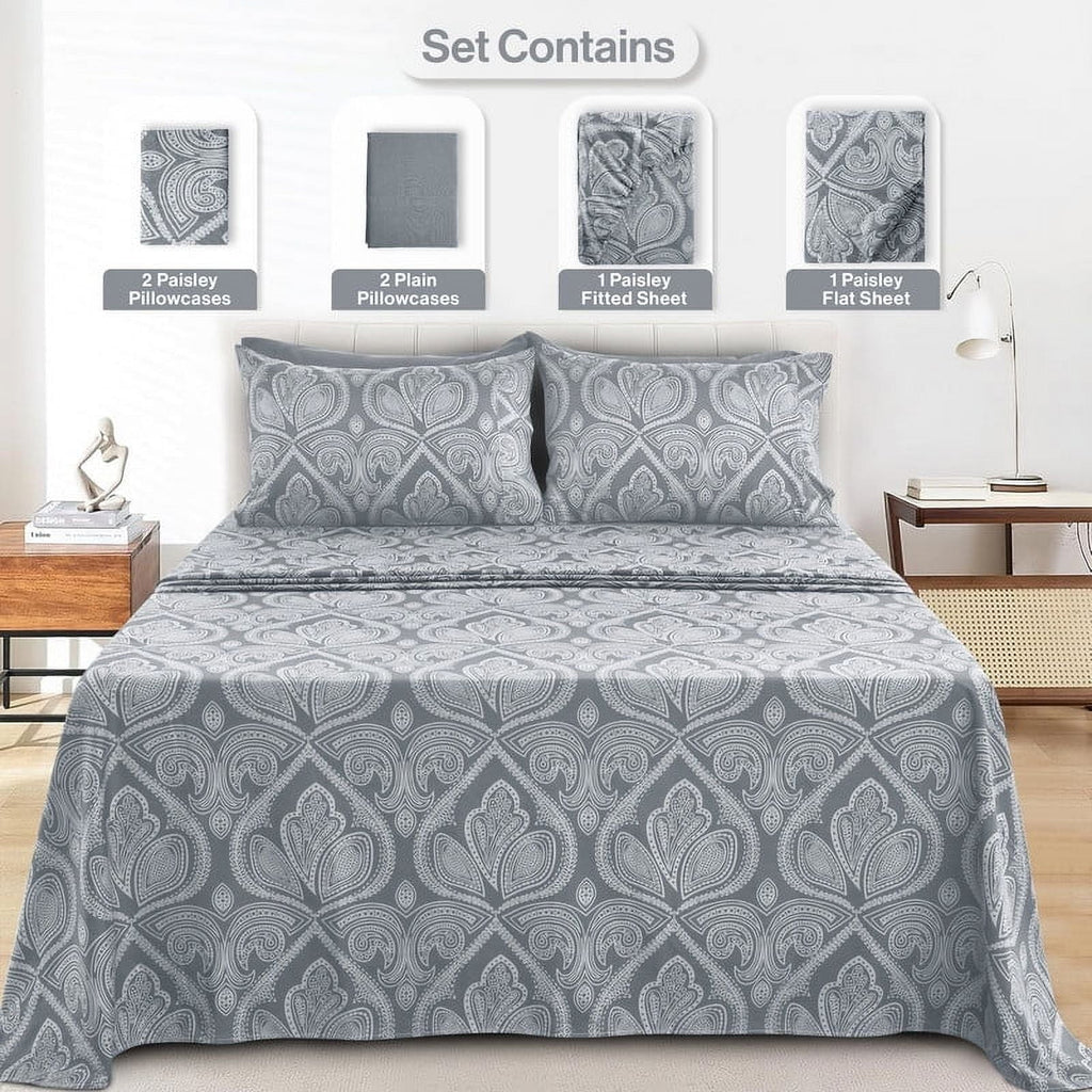 Wrinkle-Resistant 6-Piece Bed Sheet Set, Deep Pocket Queen Sheets Up to 16 Inch, 1 Flat Sheet , 1 Fitted Sheet & 4 Pillowcases (Queen, ... - Breathable Egyptian Cotton Flat & Fitted Sheets Detail