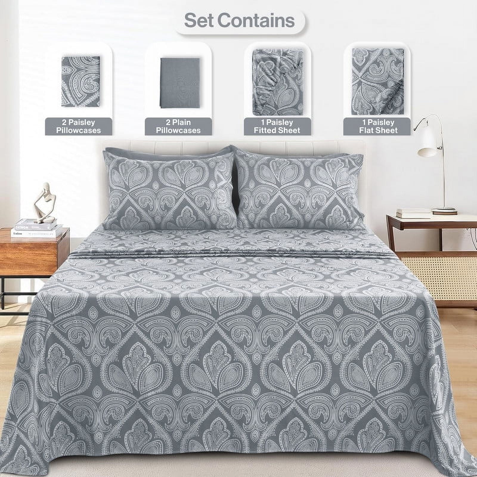 Wrinkle-Resistant 6-Piece Bed Sheet Set, Deep Pocket Queen Sheets Up to 16 Inch, 1 Flat Sheet , 1 Fitted Sheet & 4 Pillowcases (Queen, ... - Breathable Egyptian Cotton Flat & Fitted Sheets Detail