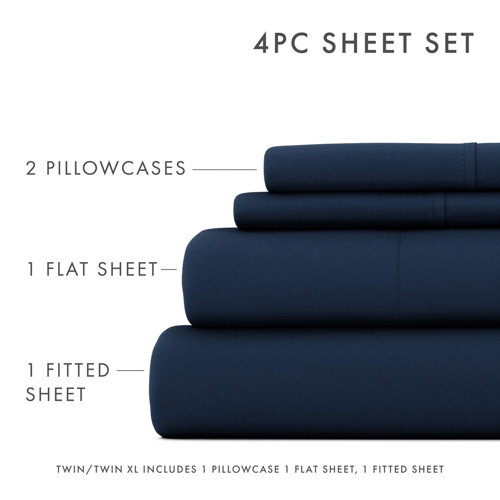 Cooling Sateen 4 Piece Solid Microfiber Bed Sheet Set, Navy, Queen - Cooling Hotel Quality Bedding Sheets and Pillowcases Detail