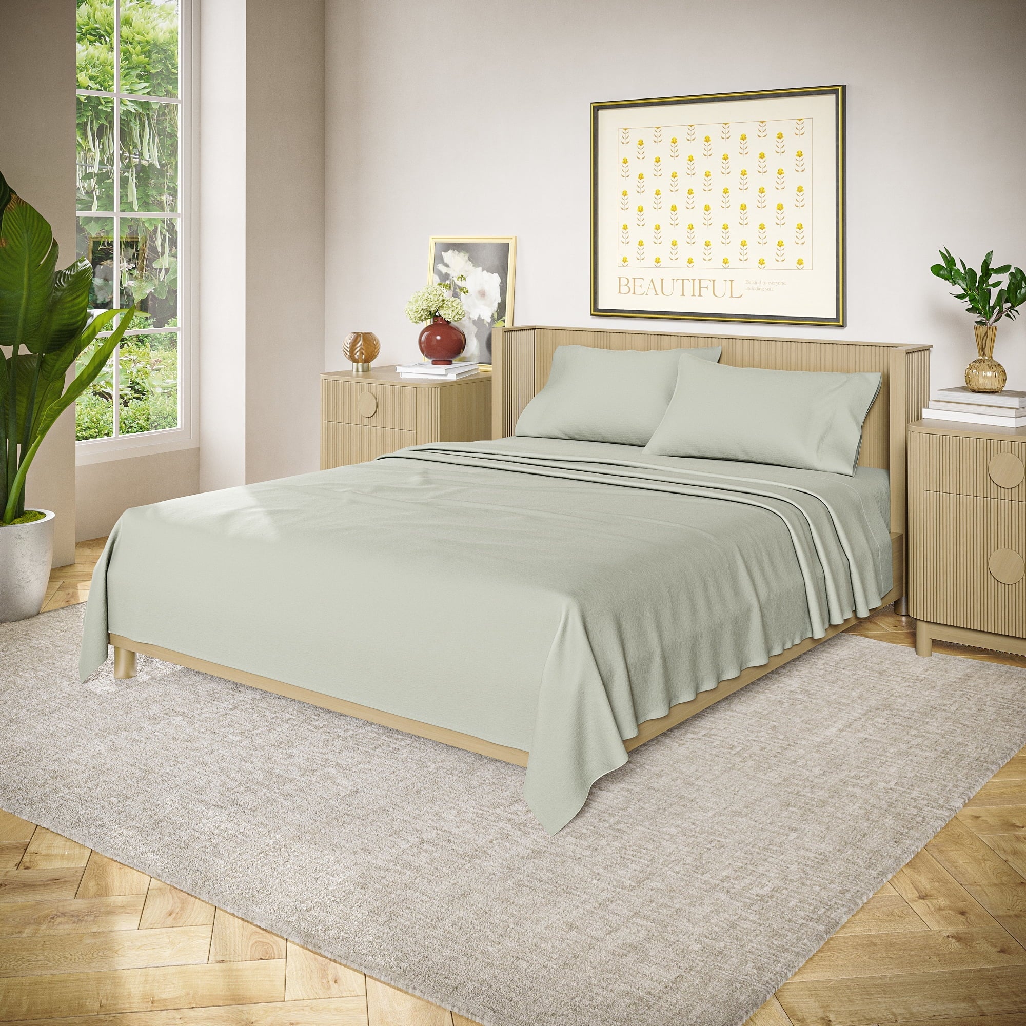 Ultra-Soft Solid 4-Piece 100% Cotton Washed Percale Sage Green Sheet Set, Full - Luxury Bed Sheet Set with Deep Pockets Detail
