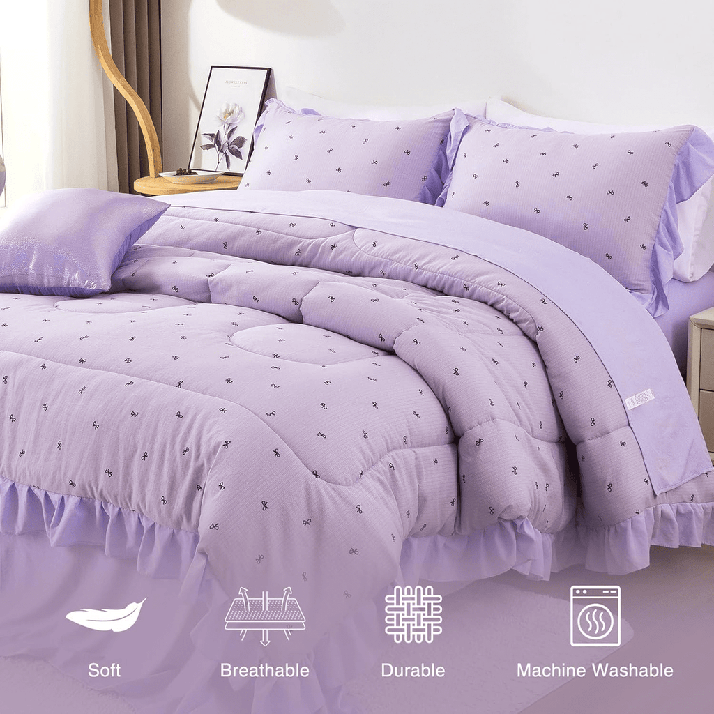Fluffy Down Alternative 6 Piece Delicate Bows Purple Bedding Set Ruffle Princess Style Comforter Set Bed in a Bag - Luxurious Quilted Duvet Cover Set Detail