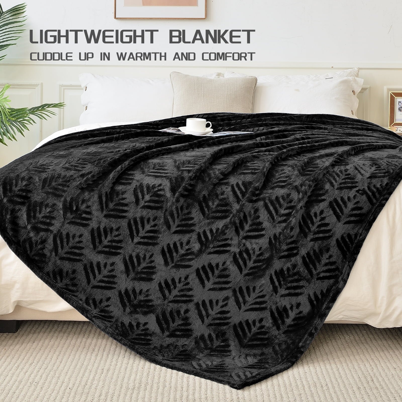Lightweight Warm Fleece Throw Blanket for Couch, Leaves Pattern Super Soft and Cozy Blankets, Plush Fuzzy Lightweight, Black, 50"x60" - Lightweight Plush Warm Blanket for All Seasons Detail