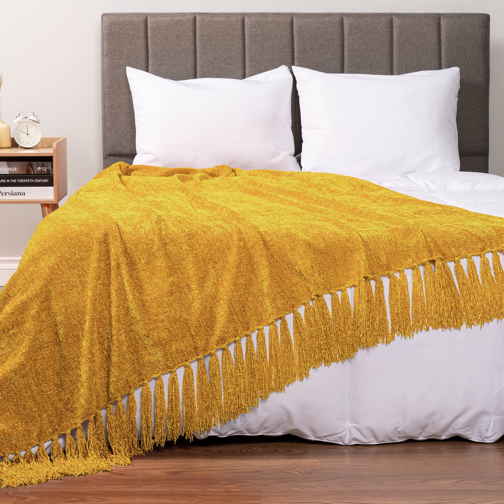 Lightweight Warm Mustard Yellow Chenille Throw Blanket for Couch, Soft Gold Knit Blanket with Tassel Fringe, Woven Chenille Knitted De... - Cozy Fleece Throw Blanket for Couch & Bed Detail