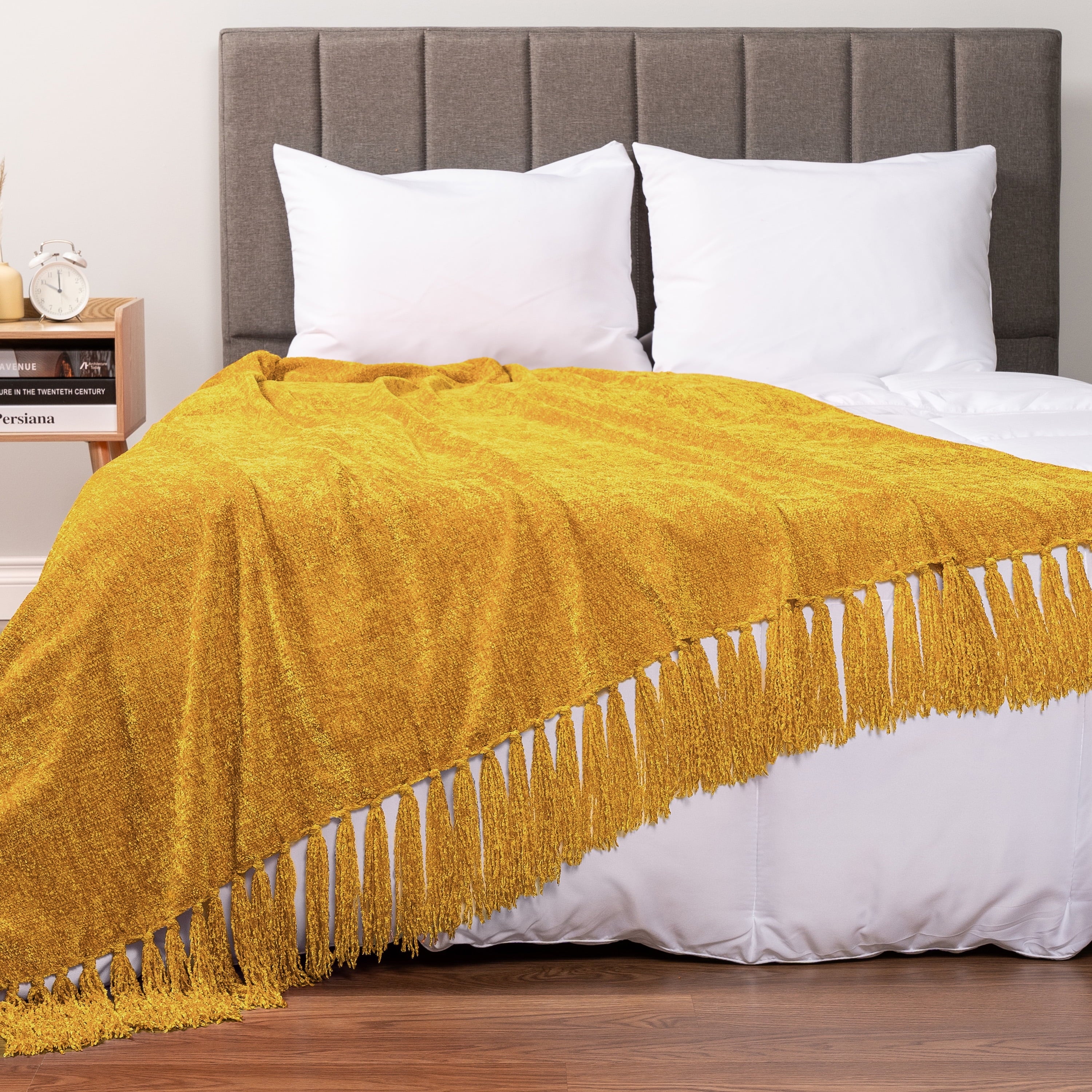 Lightweight Warm Mustard Yellow Chenille Throw Blanket for Couch, Soft Gold Knit Blanket with Tassel Fringe, Woven Chenille Knitted De... - Cozy Fleece Throw Blanket for Couch & Bed Detail