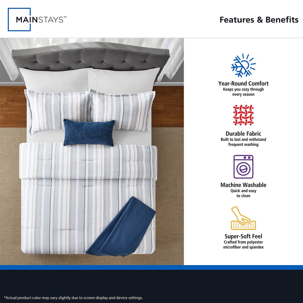 Luxurious Quilted Full/Queen Comforter Set, All-Season, 5-Piece, Blue Yarn Dyed Stripe - Cloud-Like Soft Lightweight Bed Comforter Detail