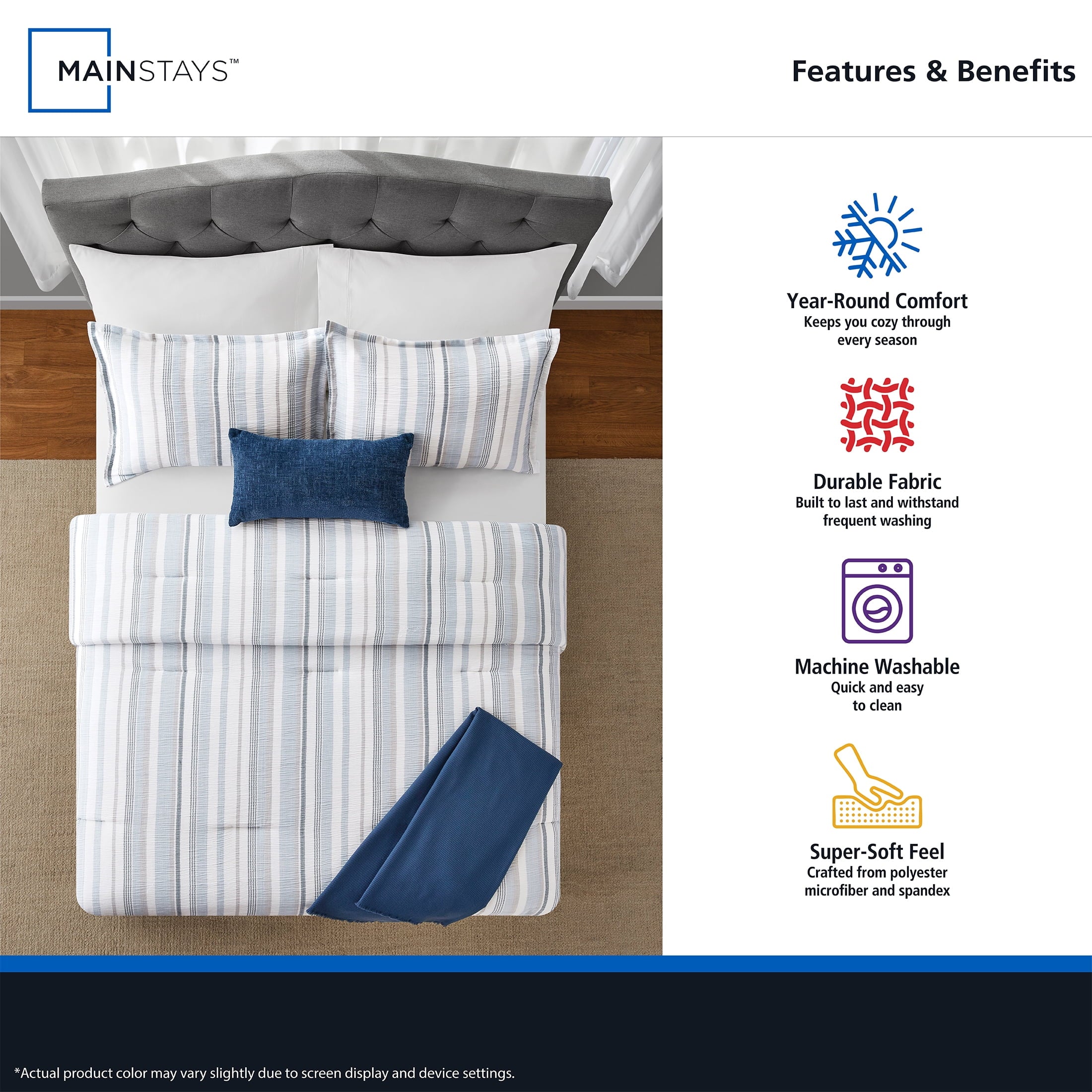 Luxurious Quilted Full/Queen Comforter Set, All-Season, 5-Piece, Blue Yarn Dyed Stripe - Cloud-Like Soft Lightweight Bed Comforter Detail