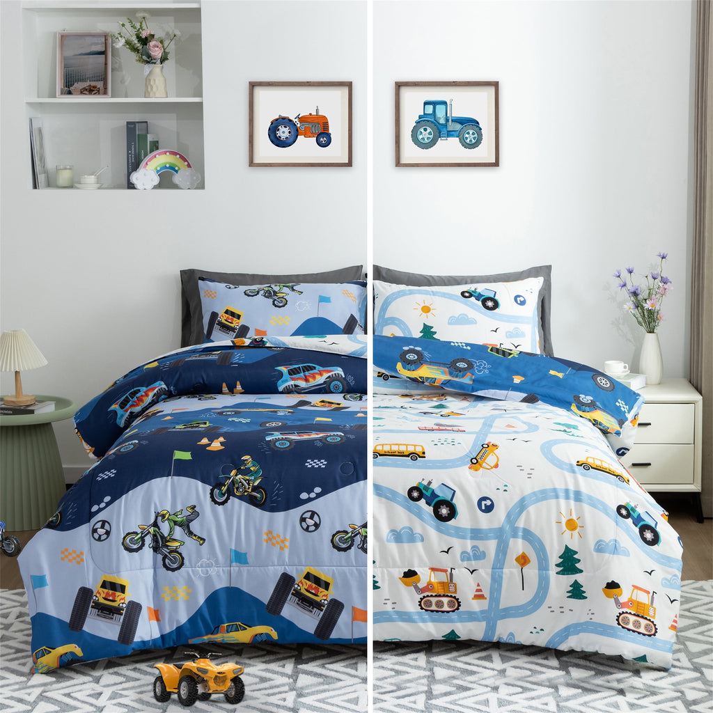 Luxurious Quilted 3Pcs Reversible Construction Truck Twin Comforter Set for Boys Kids Excavator Vehicle Motorcycle Bedding Set Blue - Hypoallergenic Ultra-Fluffy Quilt for Winter Detail