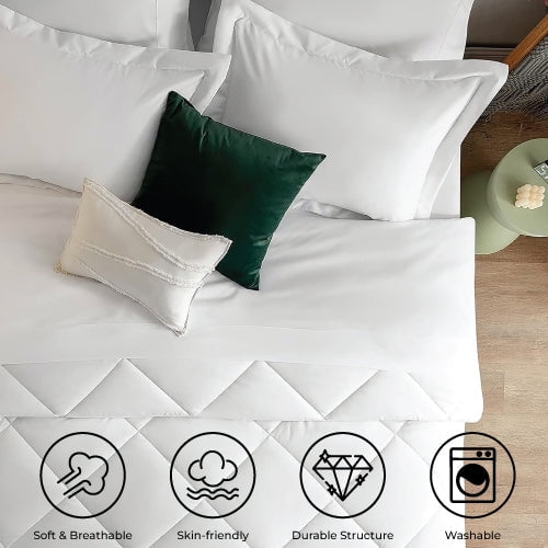 Luxurious Quilted Comforter Set 7-Piece Bed in a Bag - Adult, White, Queen - All-Season Down Alternative Comforter Insert Detail