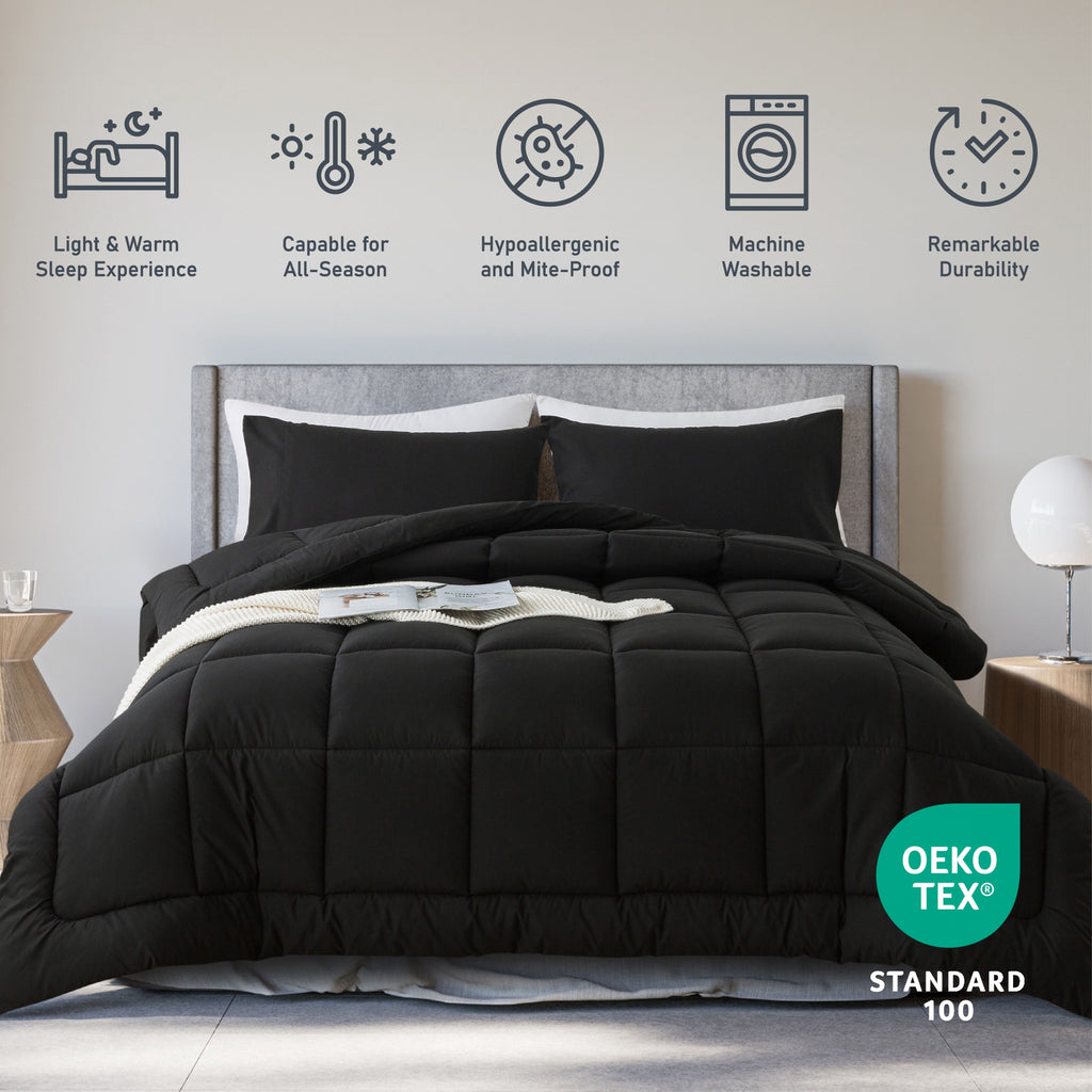 Hypoallergenic Cloud Queen Size 3-Piece All-Season Down Alternative Comforter Set Deep Black (Comforter and Pillowcase Bedding Set / bed i... - Luxurious Quilted Duvet Cover Set Detail