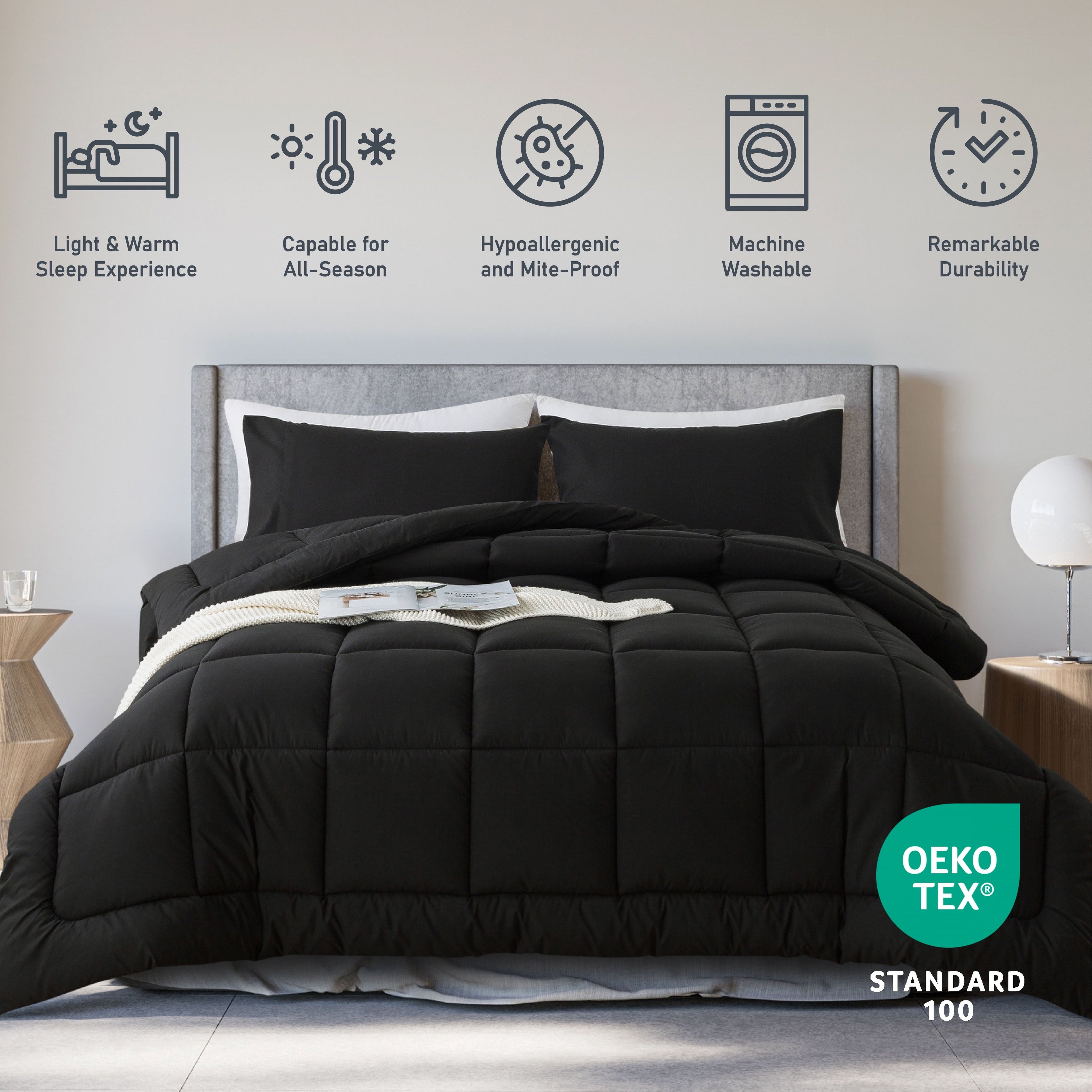 Hypoallergenic Cloud Queen Size 3-Piece All-Season Down Alternative Comforter Set Deep Black (Comforter and Pillowcase Bedding Set / bed i... - Luxurious Quilted Duvet Cover Set Detail