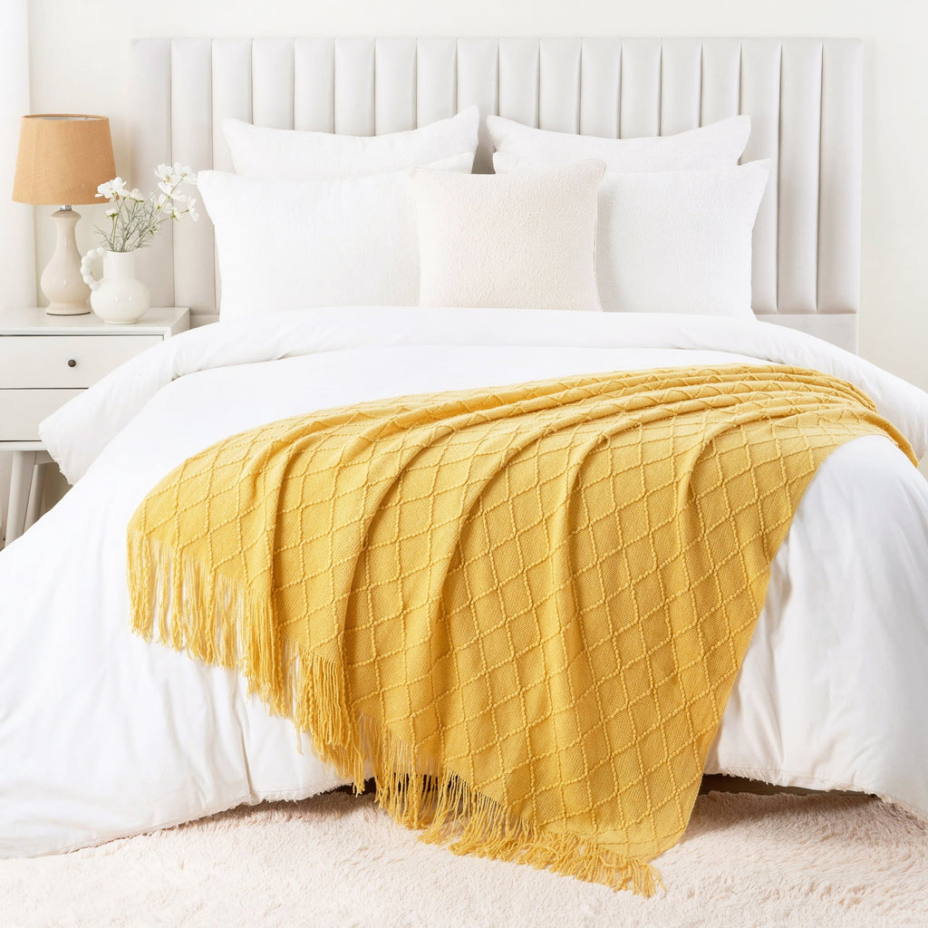 Reversible Sherpa Mustard Throw Blanket for Couch,Gold Yellow Knit Throw with Fringe,Outdoor Throw ,50"x60" - Luxury Knitted Decorative Throw Blanket with Fringes Detail