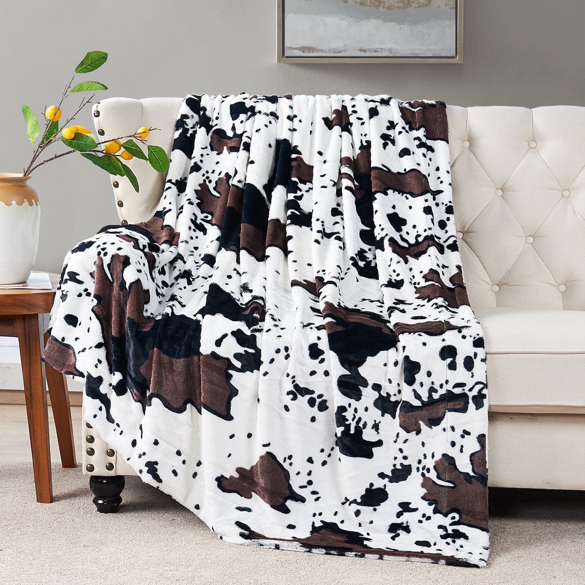 Decorative Knitted Cow Print Double Sided Faux Fur Throw Blanket, Soft Cozy Fuzzy Black and White Throw, 50x60 inches - Luxury Knitted Decorative Throw Blanket with Fringes Detail