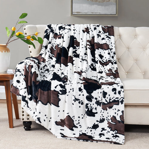 Decorative Knitted Cow Print Double Sided Faux Fur Throw Blanket, Soft Cozy Fuzzy Black and White Throw, 50x60 inches - Luxury Knitted Decorative Throw Blanket with Fringes Detail