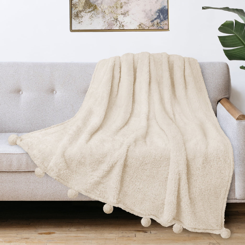 Super Soft Flannel Ivory Cream Sherpa Throw Blanket with Soft Pom Pom Fringe, Plush Cozy Warm Blankets for Couch Bed Sofa, Fuzzy Fleece ... - Super Soft Reversible Sherpa Flannel Blanket Detail