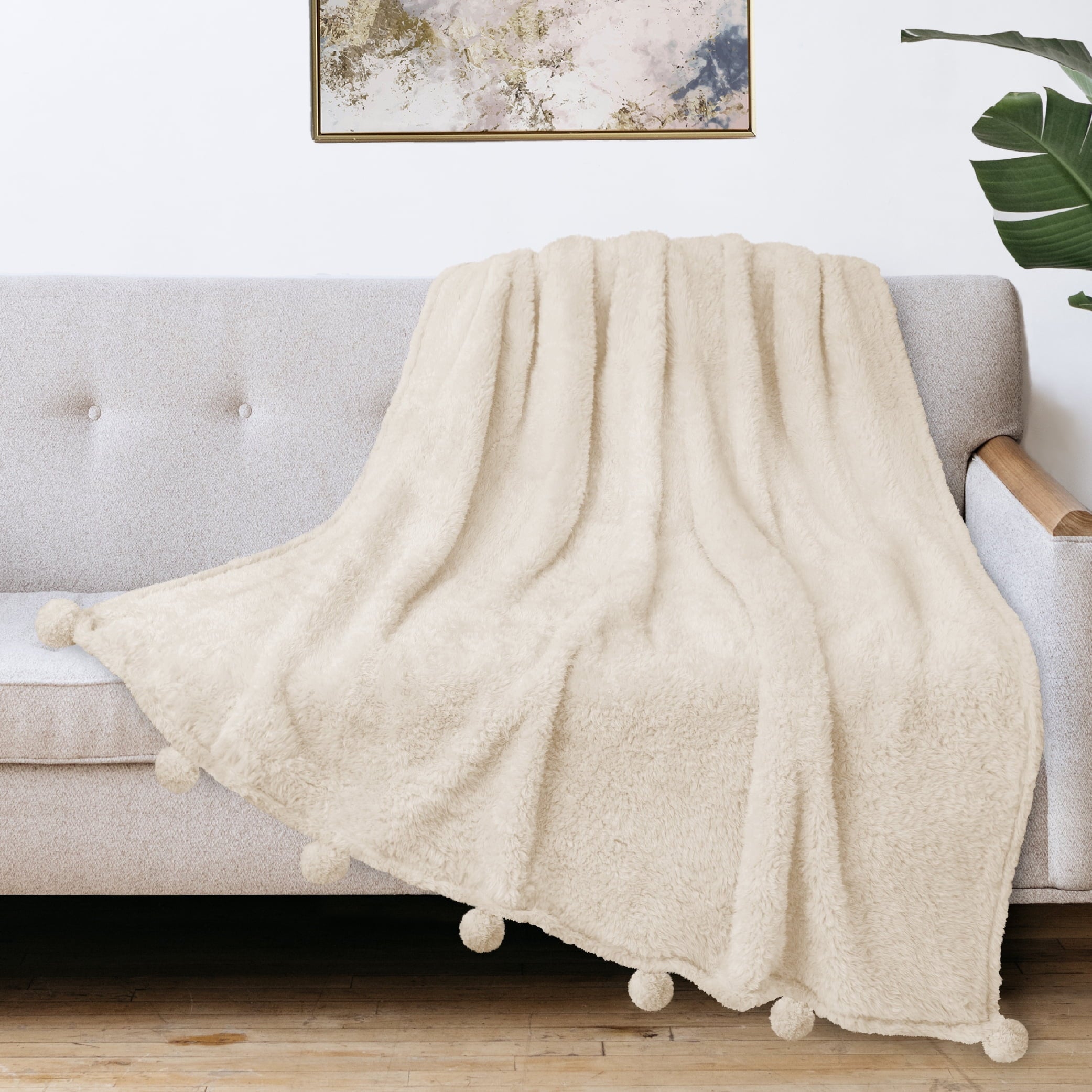 Super Soft Flannel Ivory Cream Sherpa Throw Blanket with Soft Pom Pom Fringe, Plush Cozy Warm Blankets for Couch Bed Sofa, Fuzzy Fleece ... - Super Soft Reversible Sherpa Flannel Blanket Detail