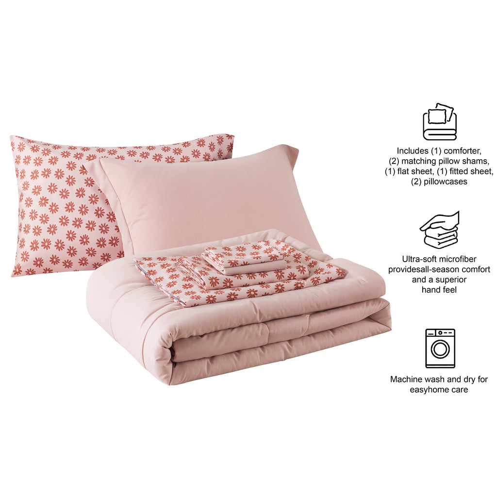 Heavyweight Warmth 7-Piece Reversible Bed in a Bag Comforter Set with Sheets, Pink, Queen - All-Season Down Alternative Comforter Insert Detail