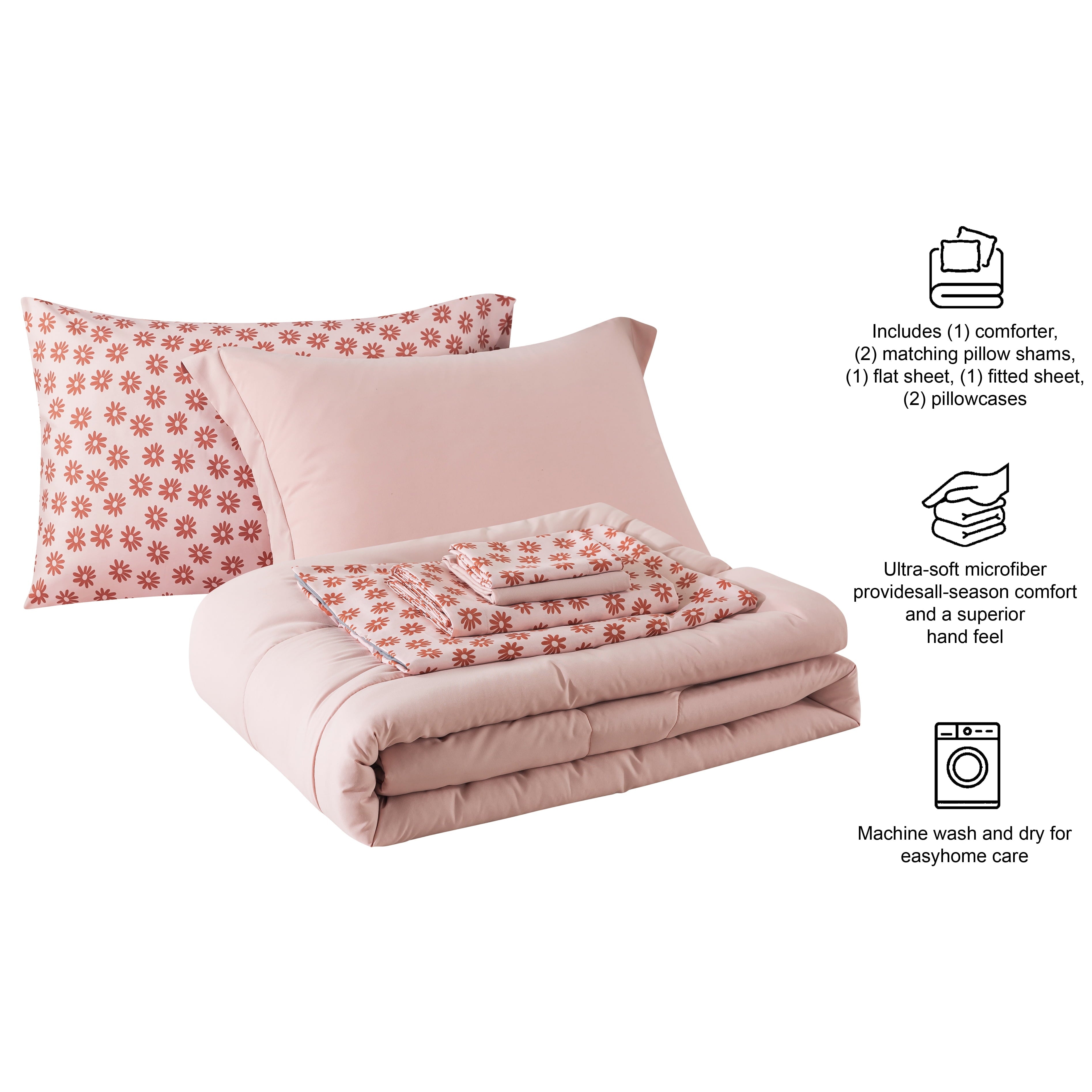 Heavyweight Warmth 7-Piece Reversible Bed in a Bag Comforter Set with Sheets, Pink, Queen - All-Season Down Alternative Comforter Insert Detail