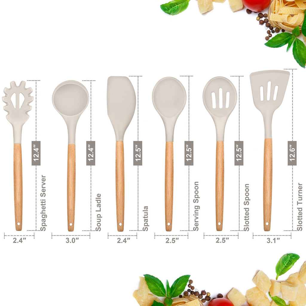 Heat-Resistant Kitchen Utensils Set of 6, Silicone Cooking Utensils with Wooden Handle, Non-Stick Cookware & Heat Resistant, Include... - Premium Stainless Steel Cooking Utensil for Non-Stick Pots Detail