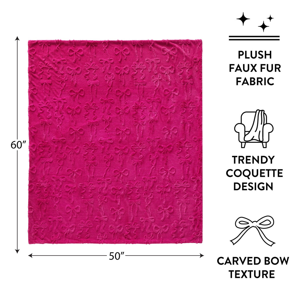 Reversible Sherpa Gen Z 50" x 60"Carved Bow Faux Fur Throw - Luxury Knitted Decorative Throw Blanket with Fringes Detail