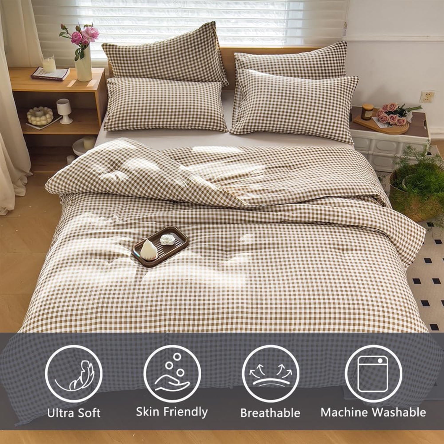 Luxurious Quilted Tan Gingham Queen Comforter Set, Taupe Plaid Bedding Set, Checked Bed Comforter 3 Pieces(Tan Gingham, Queen) - Hypoallergenic Ultra-Fluffy Quilt for Winter Detail