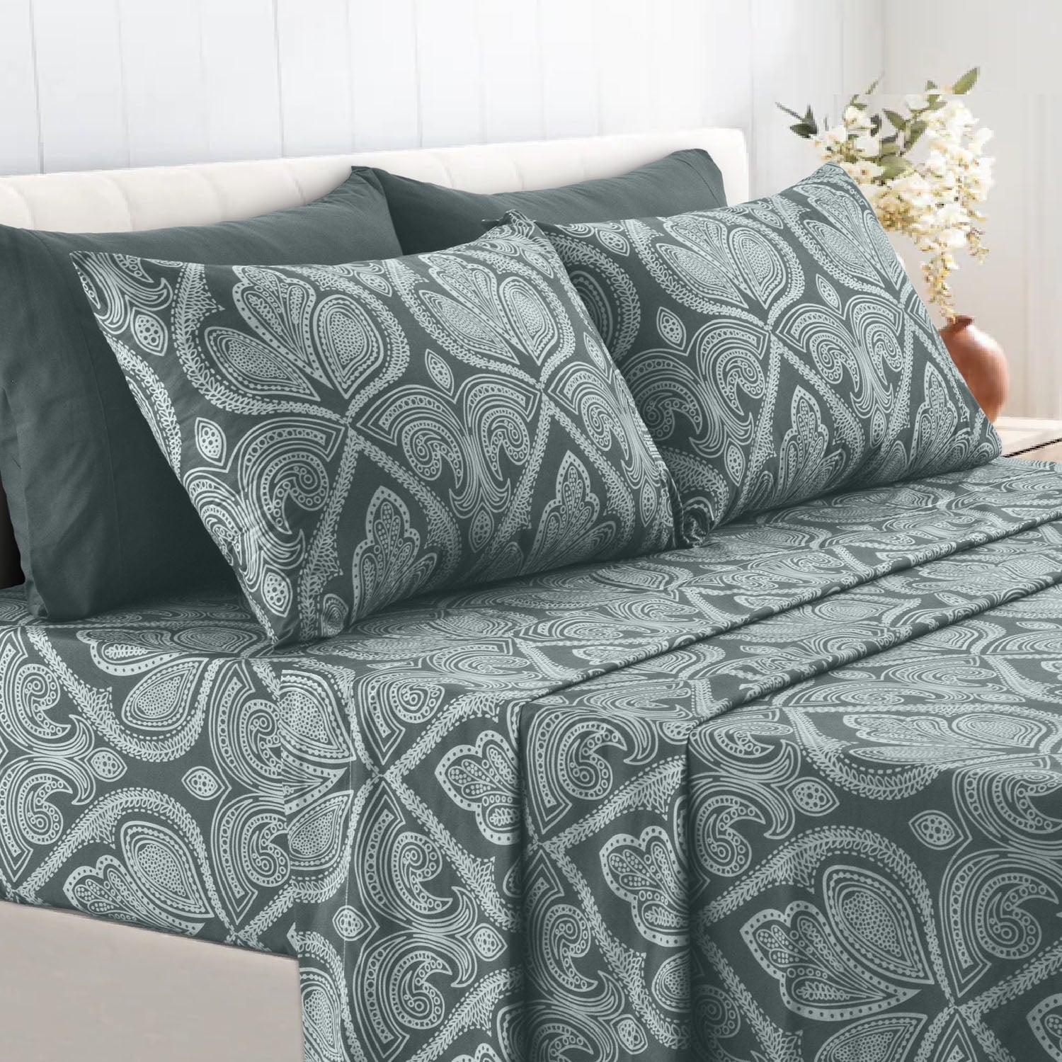 Premium Egyptian Cotton Queen Bed Sheets Set - 6 Piece Brushed Microfiber Bed Sheet - Shrinkage and Fade Resistant - (Queen, Grey) - Premium Ultra-Soft Pillowcase Pair for Sleeping Detail