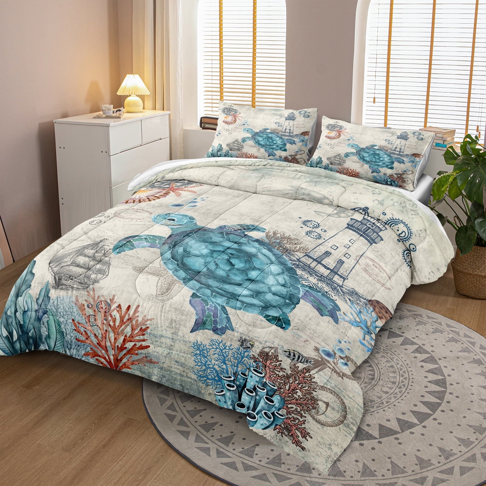 All-Season Sea Turtle Comforter Set Queen Ocean Beach Bedding Set Soft and Lightweight Retro Style Design Coastal Bedding Set - Cloud-Like Soft Lightweight Bed Comforter Detail